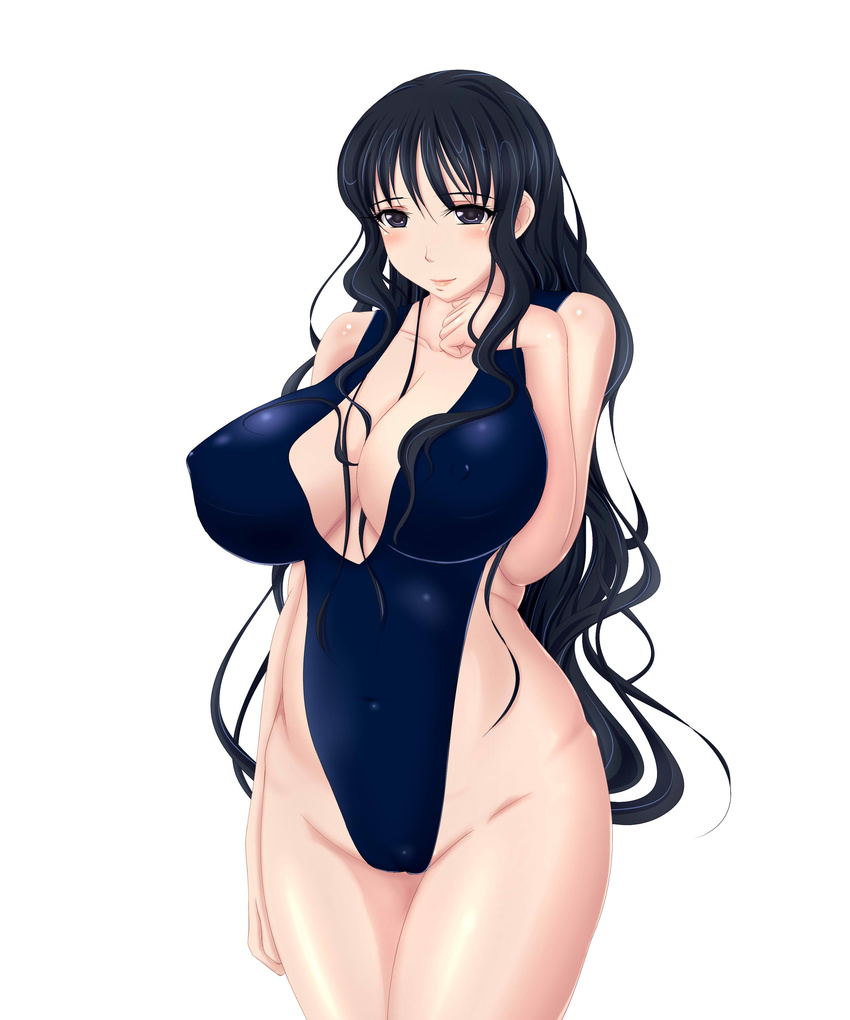 1girl absurdres black_eyes black_hair breasts covered_nipples duhong erect_nipples female highres huge_breasts long_hair milf one-piece_swimsuit original simple_background solo standing swimsuit wavy_hair white_background