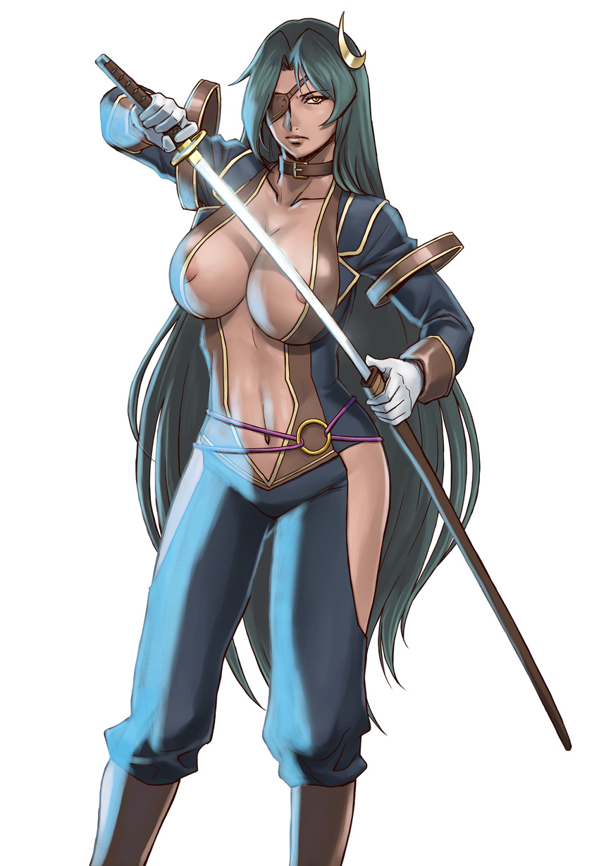 1girl absurdres areola_slip areolae azasuke blue_hair boots breasts center_opening choker cleavage collarbone crescent date_masamune date_masamune_(sengoku_collection) eyepatch genderswap gloves hair_ornament highres huge_breasts katana long_hair looking_at_viewer navel nipple_slip nipples scabbard sengoku_collection sheath simple_background solo standing sword very_long_hair weapon white_background yellow_eyes