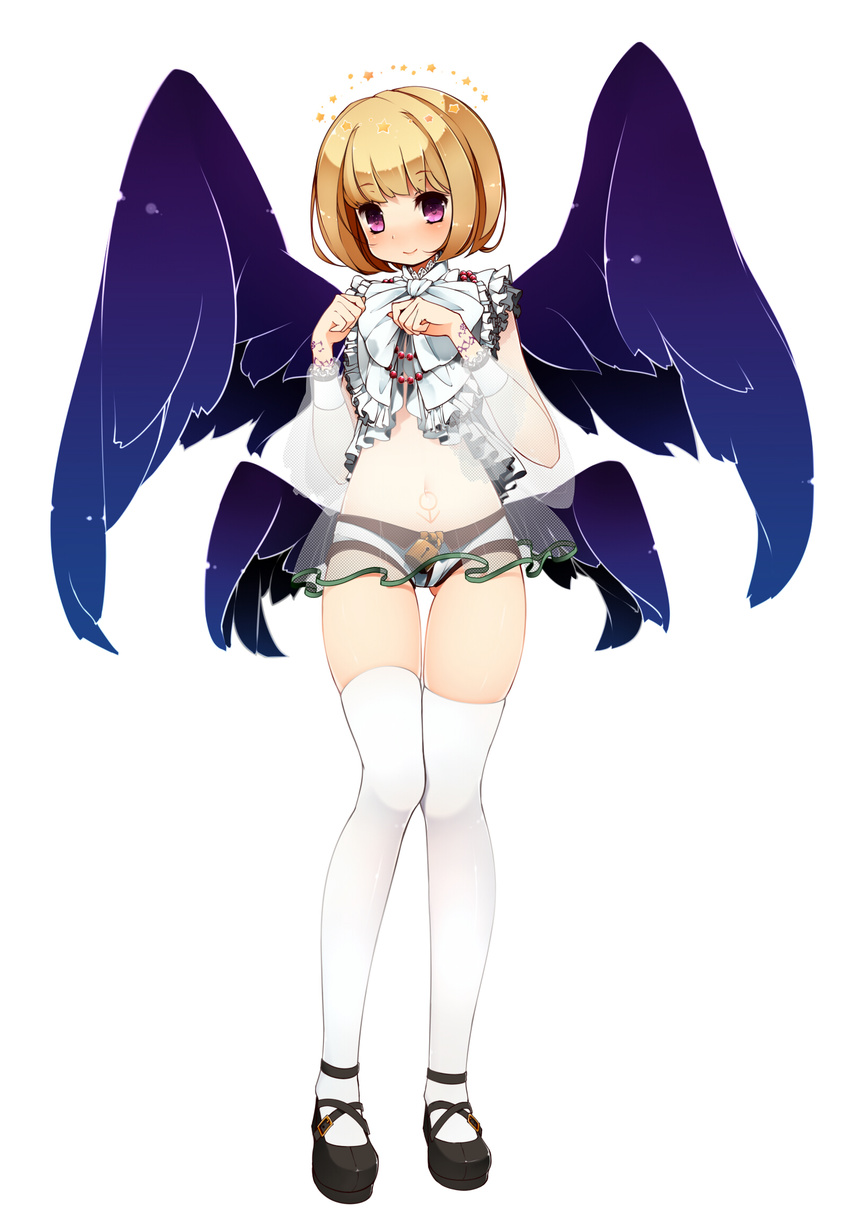 beatmania beatmania_iidx blonde_hair blush halo highres kinakomoti male_focus midriff multiple_wings navel otoko_no_ko purple_eyes rche_(beatmania) short_hair shorts smile solo star thighhighs white_legwear wings