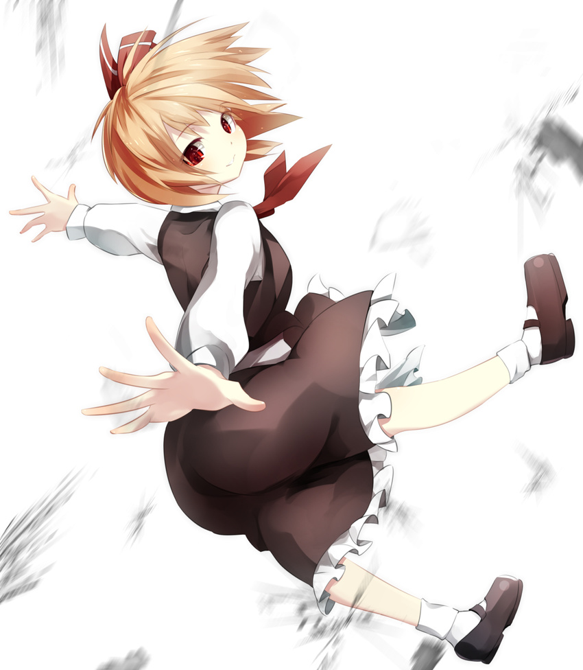 ascot blonde_hair gorilla_(bun0615) hair_ribbon highres long_sleeves looking_at_viewer looking_back mary_janes outstretched_arms red_eyes ribbon rumia shirt shoes skirt skirt_set smile solo touhou vest
