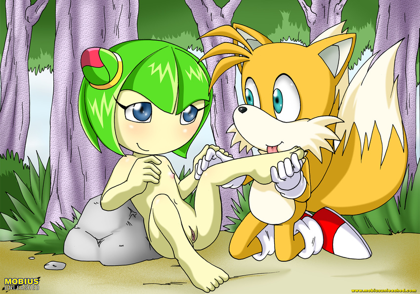 anthro blue_eyes butt canine cosmo_the_seedrian duo female flat_chested foot_fetish fox fur green_hair hair human_feet licking licking_foot male mammal miles_prower mobius_unleashed nipples nude plantigrade pussy sega sitting sonic_(series) straight toes tongue video_games young