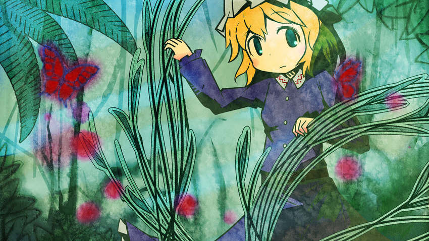 akihiyo blonde_hair blue_eyes bug butterfly dress grass hat highres insect leaf maribel_hearn nature short_hair solo touhou trojan_green_asteroid