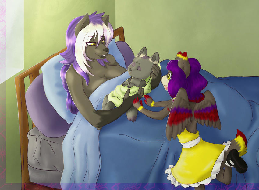 bed breasts cainethelongshot canine cub daughter ebony female group hair mammal mother newborn parent purple_hair rika(character) rika_wolf sibling sisters white_hair wings yellow_eyes young