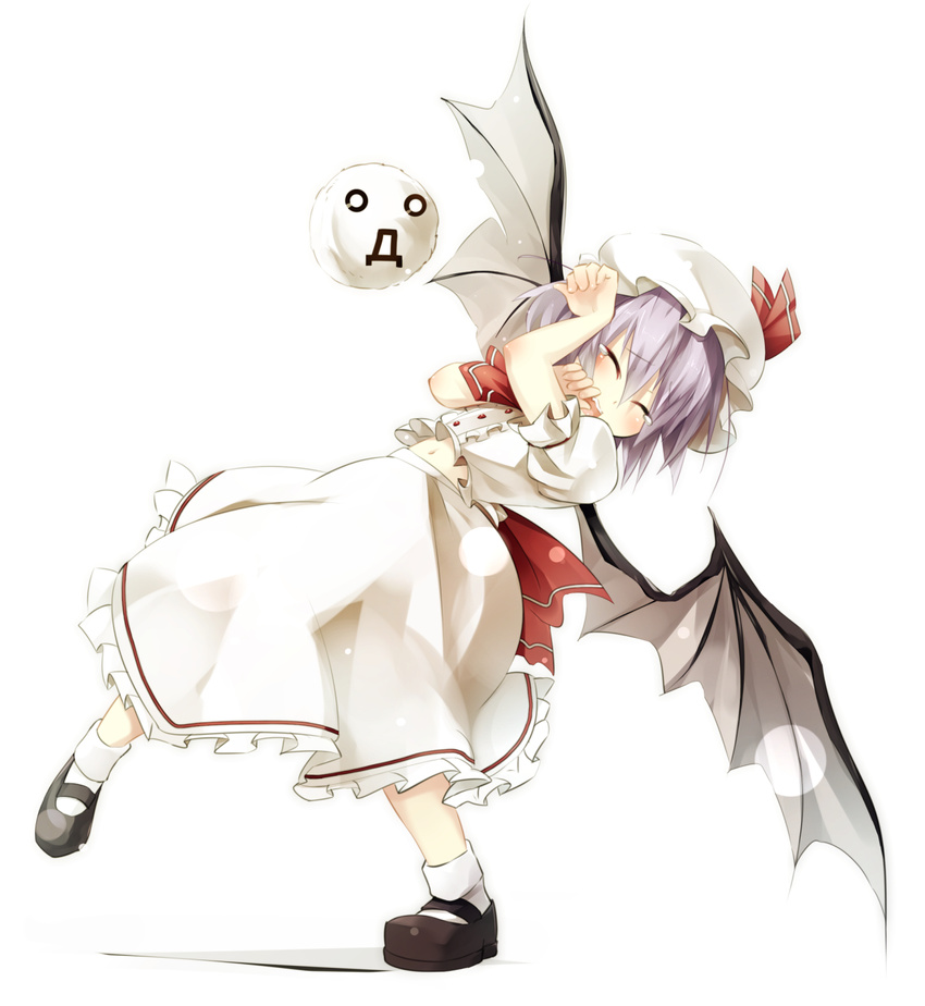 ascot bat_wings closed_eyes gorilla_(bun0615) hat hat_ribbon highres kedama midriff mob_cap navel o_o puffy_sleeves purple_hair remilia_scarlet ribbon sash shirt short_sleeves simple_background skirt skirt_set solo tears touhou white_background wings