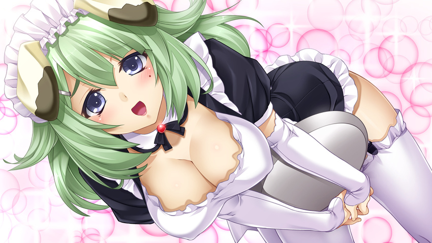 animal_ears blue_eyes blush breasts cleavage detached_collar dog_ears elbow_gloves game_cg gloves grey_hair hair_ornament hairclip itokazu_rei large_breasts leaning_forward looking_at_viewer love_replica maid maid_headdress mole mole_under_eye open_mouth short_hair smile solo takada_kazuhiro thighhighs tray white_gloves white_legwear