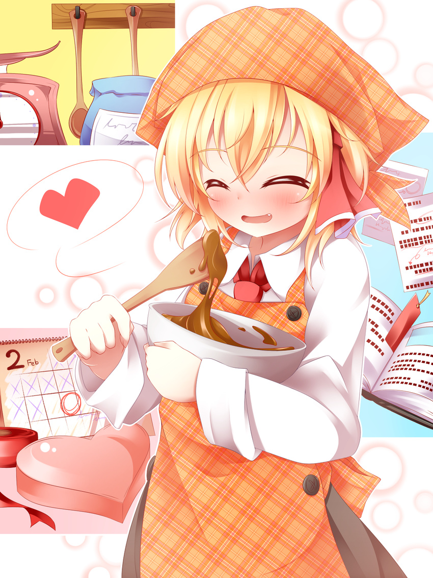 apron blonde_hair blush book bookmark bowl calendar_(object) chocolate chocolate_making closed_eyes fang hair_ribbon head_scarf heart highres kitchen_scale kuroyume_(dark495) long_sleeves open_book open_mouth plaid plaid_apron recipe_(object) ribbon rumia short_hair solo spatula spoken_heart touhou valentine weighing_scale wooden_spoon