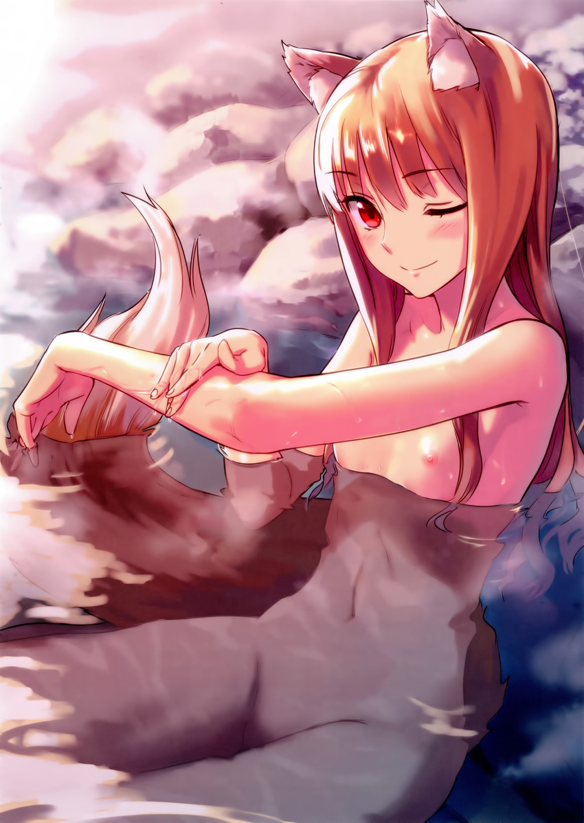 ;) absurdres animal_ears bath blush breasts brown_hair highres holo kawakami_rokkaku long_hair looking_at_viewer navel nipples nude one_eye_closed onsen partially_submerged petite red_eyes scan shiny shiny_hair small_breasts smile solo spice_and_wolf tail washing wet wolf_ears wolf_girl wolf_tail