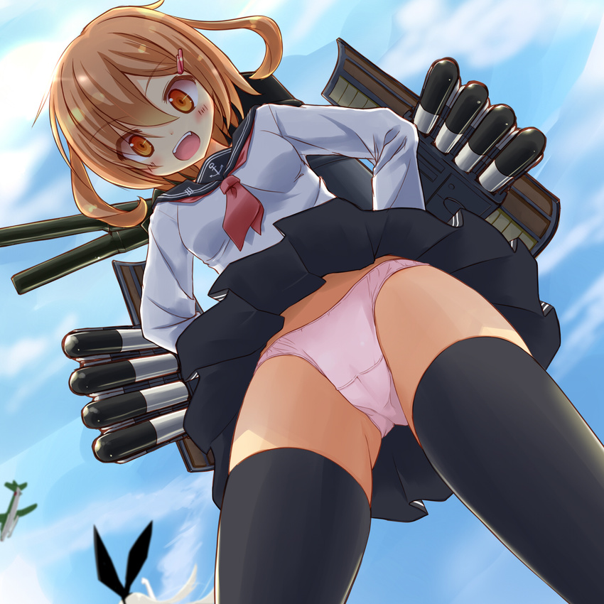 aircraft airplane brown_eyes brown_hair fang from_below giantess hair_ornament hairclip hands_on_hips highres ikazuchi_(kantai_collection) kantai_collection looking_at_viewer machinery multiple_girls open_mouth panties pantyshot pink_panties pleated_skirt school_uniform serafuku shimakaze_(kantai_collection) short_hair skirt solo_focus tenjou_ryuka thighhighs torpedo turret underwear upskirt