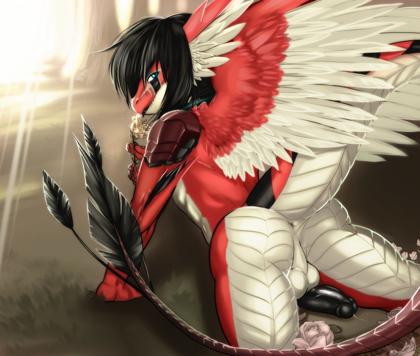 aiyoko anthro anus back_turned backsack balls black_hair black_penis black_scales body_markings butt dragon erection feathers flower girly grass green_eyes hair invalid_tag looking_at_viewer looking_back lying male markings outside penis perineum precum raised_tail red_scales shiny solo spread_legs spreading starsoul stripes teeth tongue tongue_out tree white_scales wings