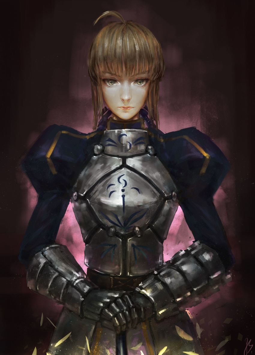 absurdres ahoge armor armored_dress artoria_pendragon_(all) blonde_hair dress excalibur fate/stay_night fate_(series) gauntlets green_eyes gs_(raygao211) hair_ribbon highres juliet_sleeves long_sleeves puffy_sleeves realistic ribbon saber solo