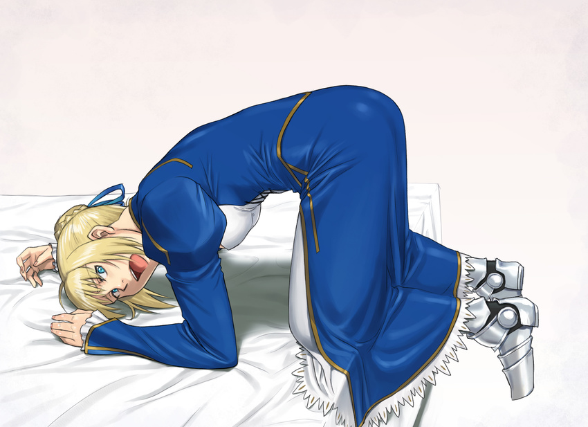 1girl all_fours armor ass azasuke bed blonde_hair blue_eyes breasts dress fate/stay_night fate_(series) feet hair_ribbon highres looking_back open_mouth ribbon saber short_hair simple_background small_breasts solo
