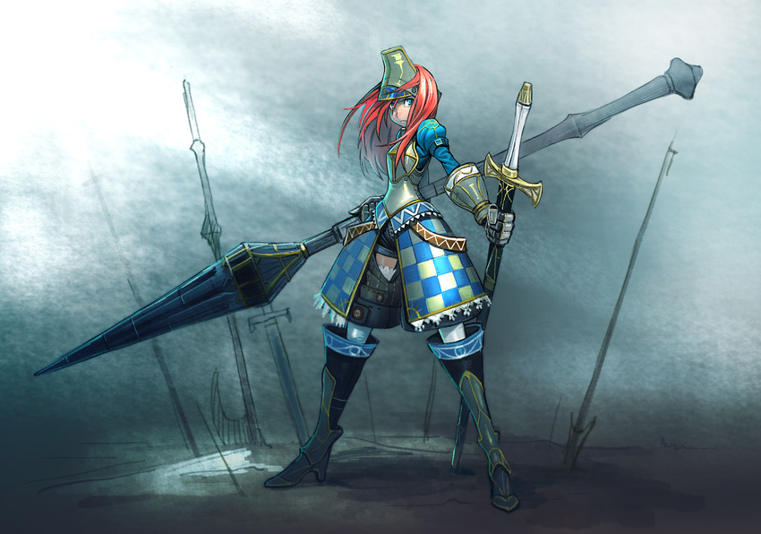 armor bad_id bad_pixiv_id boots breastplate gauntlets greaves helm helmet holding holding_sword holding_weapon huge_weapon knight lace lace-trimmed_skirt lace-trimmed_thighhighs ladic lance lighting long_hair looking_at_viewer original planted_sword planted_weapon polearm poleaxe red_hair sheath sheathed shorts skirt solo spear sword texture thighhighs weapon white_legwear