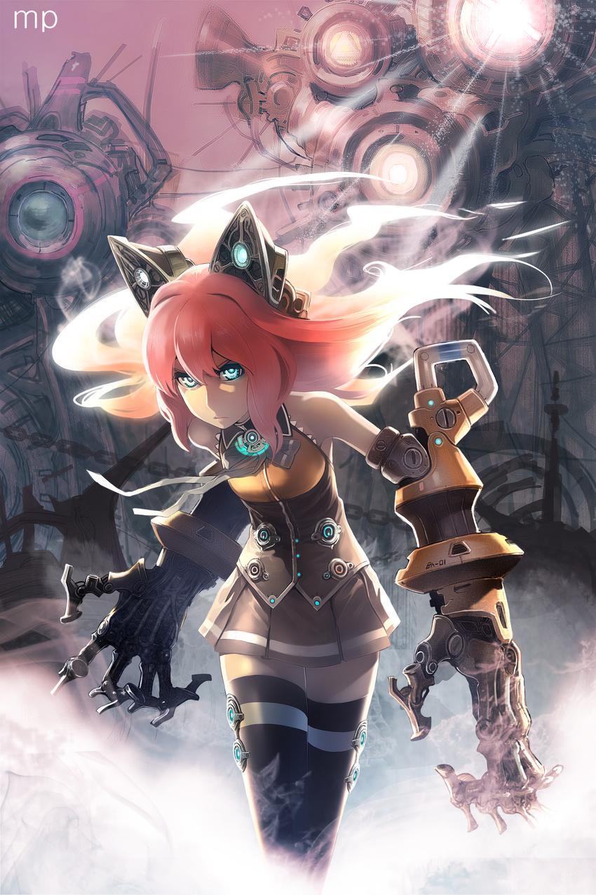 absurdres bad_id bad_pixiv_id black_legwear blue_eyes crossed_legs cybernetic_parts floating_hair fog gears glowing highres ladic leaning_forward light long_hair mechanical_arms red_hair robot_joints seeu shining signature skirt solo structure thighhighs tower very_long_hair vest vocaloid walking zettai_ryouiki
