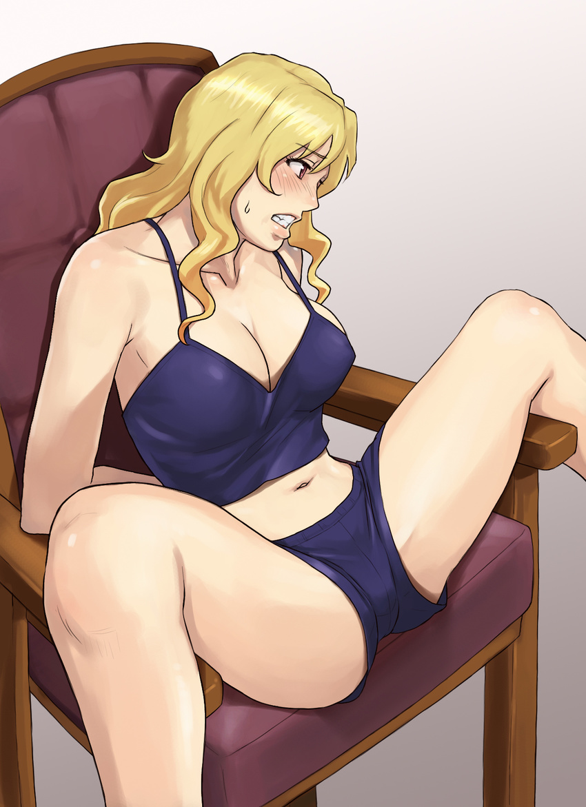 1girl areolae arms_behind_back azasuke bare_shoulders blonde_hair blush breasts chair cleavage clenched_teeth female highres large_breasts legs long_hair looking_down midriff milf red_eyes shorts simple_background sitting solo spread_legs takasu_yasuko teeth thighs toradora!