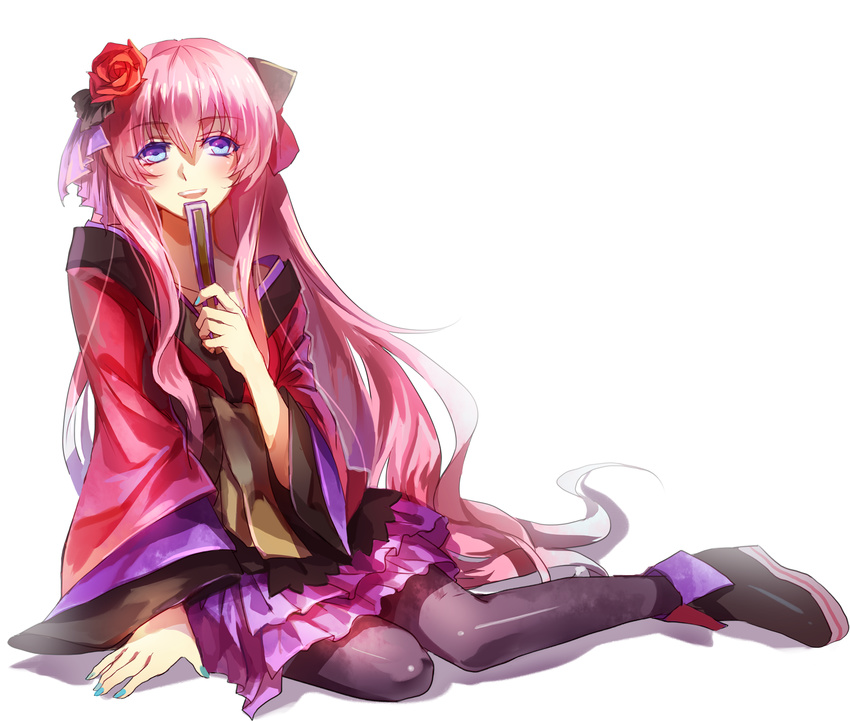 bad_id bad_pixiv_id blue_eyes closed_fan fan flower folding_fan hair_flower hair_ornament hana_(module) highres japanese_clothes kimono kimono_skirt long_hair magicpants megurine_luka nail_polish pantyhose paper_fan pink_hair project_diva_(series) project_diva_2nd sitting smile solo very_long_hair vocaloid white_background