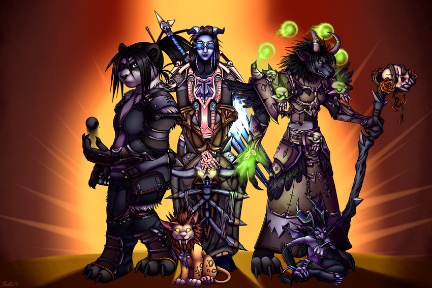 abstract_background bear black_fur black_hair blade canine cat chopsticks claws daarun_(character) demon draenei feline female fire fur green_eyes hair hi_res hooves looking_at_viewer mammal multi-colored_hair panda pandaren paralee_(character) polearm ratte red_hair s&#233;ras_(character) s&eacute;ras_(character) serious shield skull smile staff sword video_games warcraft weapon were werewolf windrider wolf worgen world_of_warcraft