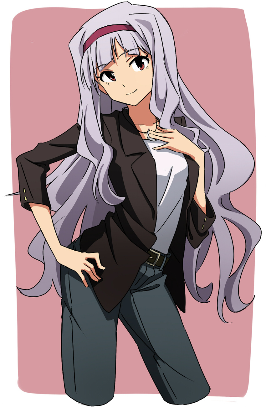 cropped_legs eiraprpr hairband hand_on_hip hand_on_own_chest highres idolmaster idolmaster_(classic) long_hair looking_at_viewer red_eyes shijou_takane silver_hair smile solo