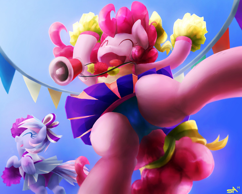 cheerleader duo equine female feral friendship_is_magic fur hair happy horn horse lilac_sky_(mlp) mammal my_little_pony open_mouth outside panties pegasus pink_fur pink_hair pinkie_pie_(mlp) pom_poms pony skirt smile surgicalarts underwear unicorn wings