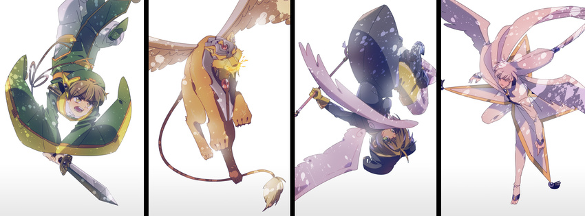 2boys action anxia cardcaptor_sakura clow_card crystal fighting_stance fire highres kero kinomoto_sakura li_xiaolang magical_girl multiple_boys sword wand weapon wings yue_(ccs)