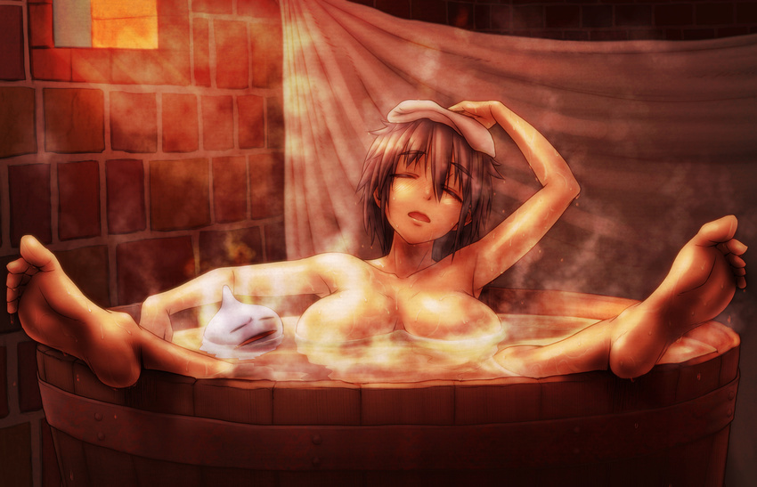 arm_up armpits barefoot bath breasts brick_wall brown_hair closed_eyes collarbone dragon_quest dragon_quest_iii dudufedu feet heroine_(dq3) highres huge_breasts open_mouth short_hair slime_(dragon_quest) soles solo steam toe_scrunch toes towel towel_on_head