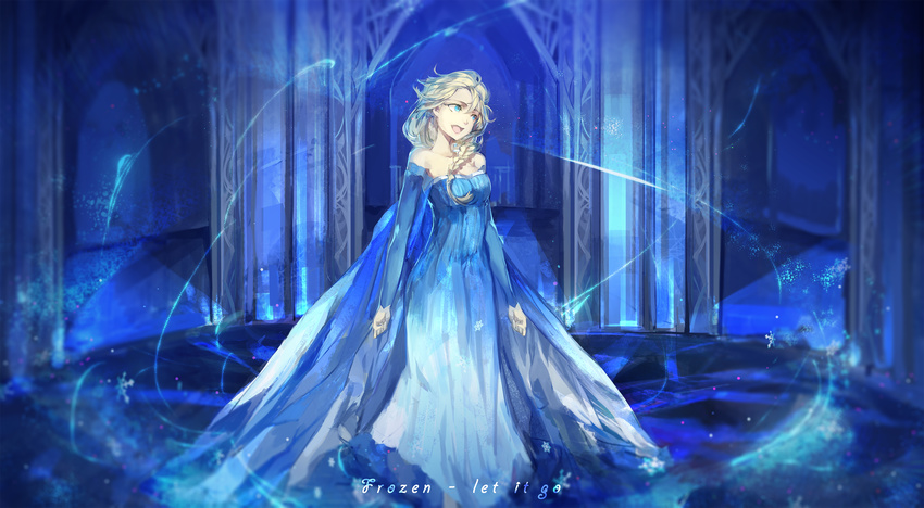 blonde_hair blue_eyes braid breasts cleavage dress elsa_(frozen) frozen_(disney) hair_over_shoulder highres medium_breasts saberiii single_braid solo