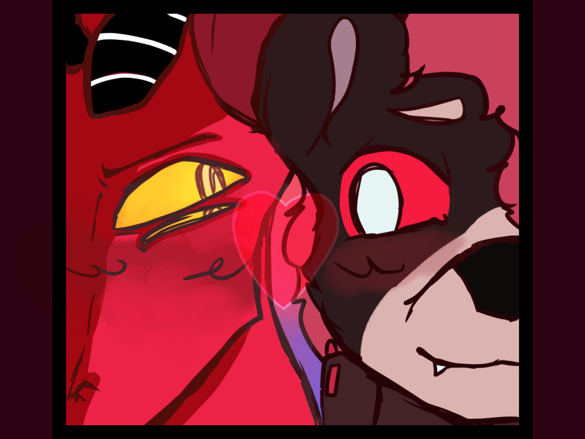 4:3 ambiguous_gender anthro blush border canid canid_demon canine collar demon dragon duo fan_character heart_symbol hellhound helluva_boss hi_res horn inhabitedartist male mammal mythological_canine mythological_creature mythological_scalie mythology red_border red_eyes satan_(helluva_boss) scalie shock_collar