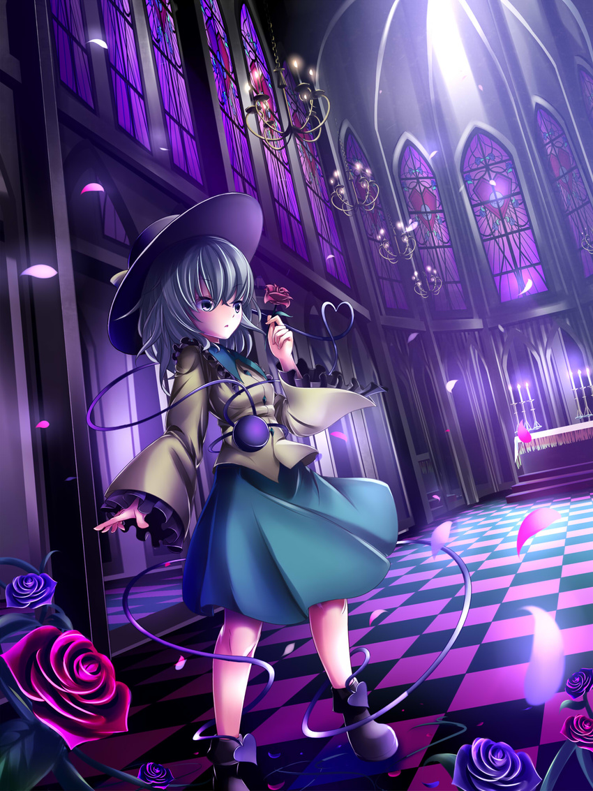 altar ankle_boots blouse blue_flower blue_rose boots candlestand chandelier checkered checkered_floor church dutch_angle flower hat heart highres indoors janne_cherry komeiji_koishi looking_away petals red_flower red_rose rose short_hair silver_eyes silver_hair skirt solo stained_glass third_eye touhou
