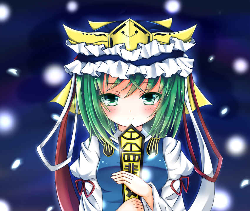 absurdres blue_background blush breasts expressionless green_eyes green_hair hat hat_ribbon highres juliet_sleeves light_particles long_sleeves looking_at_viewer medium_breasts petals puffy_sleeves ribbon rod_of_remorse shiki_eiki short_hair simple_background solo touhou upper_body vest xue_ye