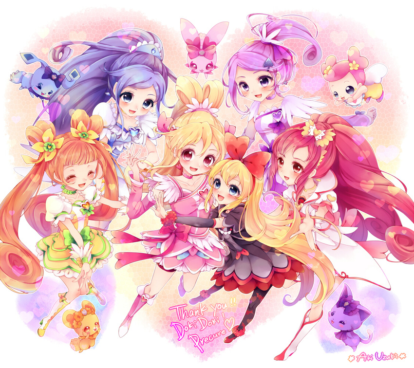 ai-chan_(dokidoki!_precure) aida_mana animal_print artist_name asymmetrical_clothes bat_print blonde_hair blue_eyes blue_hair blue_skirt blush boots bow choker closed_eyes copyright_name cure_ace cure_diamond cure_heart cure_rosetta cure_sword curly_hair davi_(dokidoki!_precure) dokidoki!_precure double_bun earrings english eyelashes hair_flip hair_ornament hair_ribbon hairclip half_updo happy heart high_heels hishikawa_rikka jewelry kenzaki_makoto knee_boots kneehighs looking_at_viewer madoka_aguri magical_girl mosaic_background multiple_girls open_mouth orange_hair pantyhose pink_bow pink_eyes pink_skirt pink_sleeves ponytail precure print_legwear purple_choker purple_eyes purple_hair purple_skirt rakeru_(dokidoki!_precure) rance_(dokidoki!_precure) red_eyes red_hair red_skirt regina_(dokidoki!_precure) ribbon sharuru_(dokidoki!_precure) side_ponytail signature skirt smile thigh_boots thighhighs thighs twintails uzuki_aki yellow_skirt yotsuba_alice