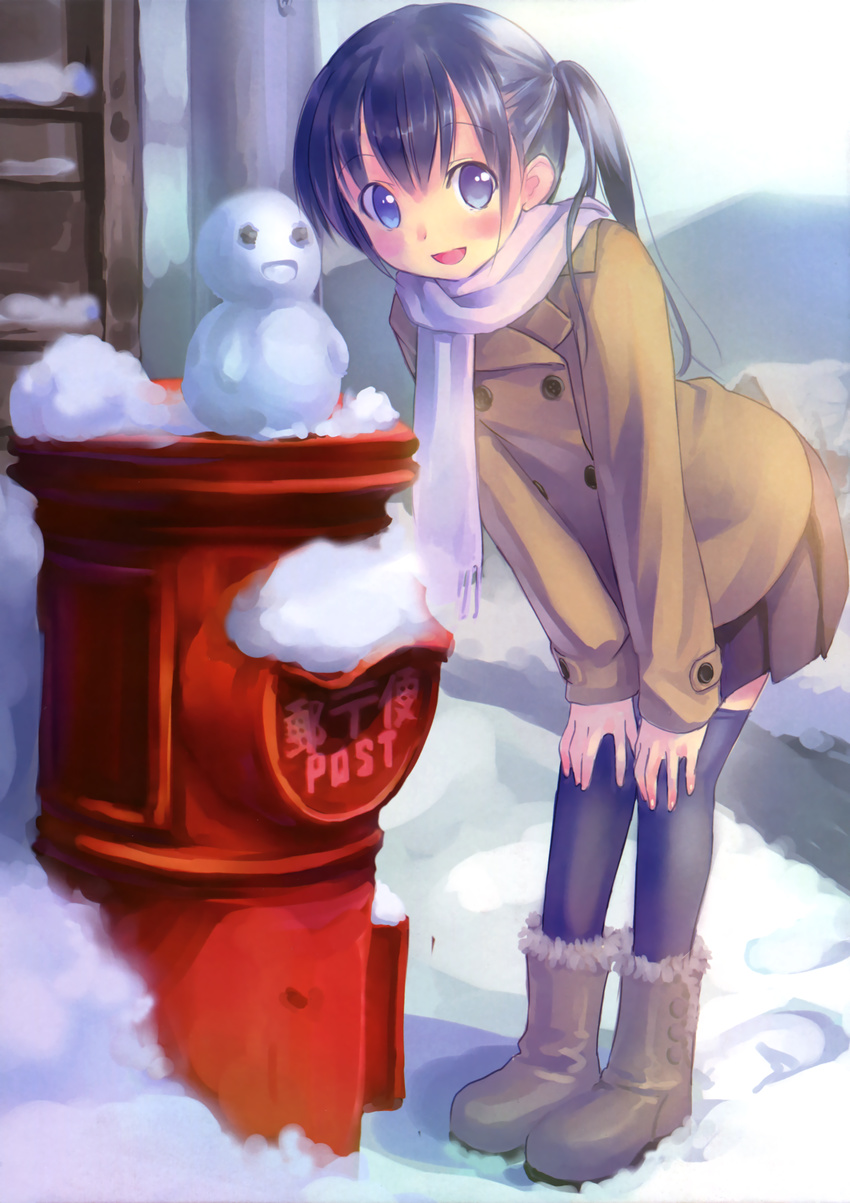absurdres black_hair black_legwear blue_eyes blush boots coat hands_on_own_knees highres japanese_cylindrical_postbox japanese_postal_mark leaning_forward long_hair looking_at_viewer open_mouth original postbox_(outgoing_mail) scan scarf skirt smile snow snowman solo takoyaki_(roast) thighhighs twintails zettai_ryouiki