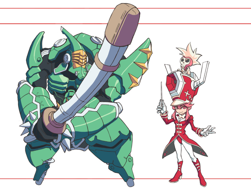 armor baton blade_regalia boots conductor full_body gloves green_armor hat jakuzure_nonon kill_la_kill knee_boots mask mecha pantyhose pink_eyes pink_hair sanageyama_uzu shako_cap shinai short_hair sidelocks sin.t.k size_difference skull smile sword symphony_regalia weapon white_background white_legwear