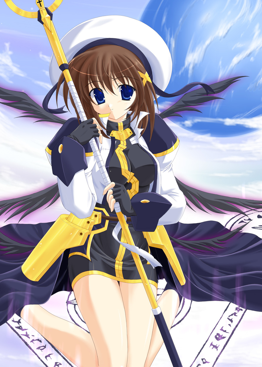 beret blue_eyes brown_hair fingerless_gloves gloves hair_ornament hat highres impossible_clothes impossible_shirt jacket looking_at_viewer lyrical_nanoha mahou_shoujo_lyrical_nanoha_strikers shirt short_hair solo souda_shinme wings x_hair_ornament yagami_hayate