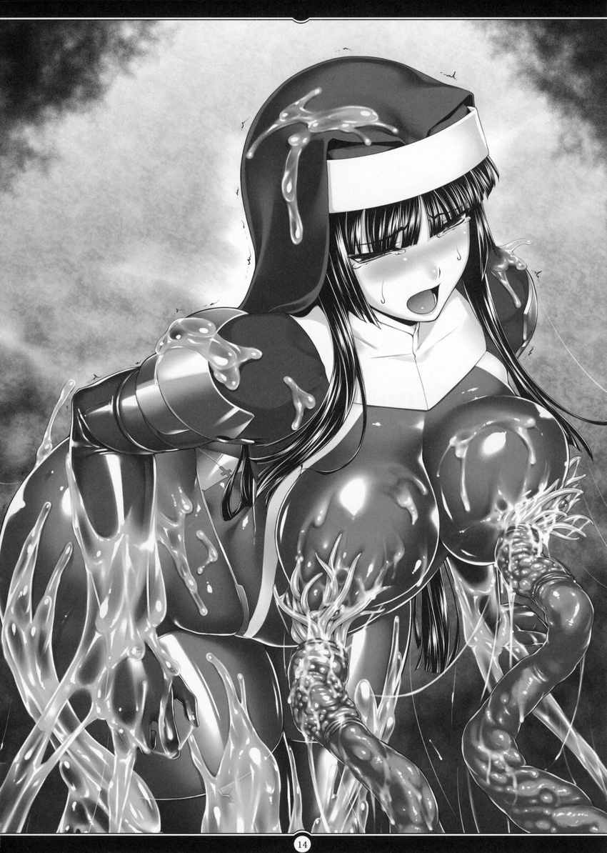 1girl arm_grab bangs blunt_bangs blush bodysuit breast_sucking breasts captured creature gloves habit helpless highres humiliation imminent_rape impossible_clothes kamori_sayaka large_breasts latex latex_gloves long_hair monochrome nun open_mouth original restrained rindou_(radical_dream) shiny shiny_clothes skin_tight slime tears tentacle wet wince