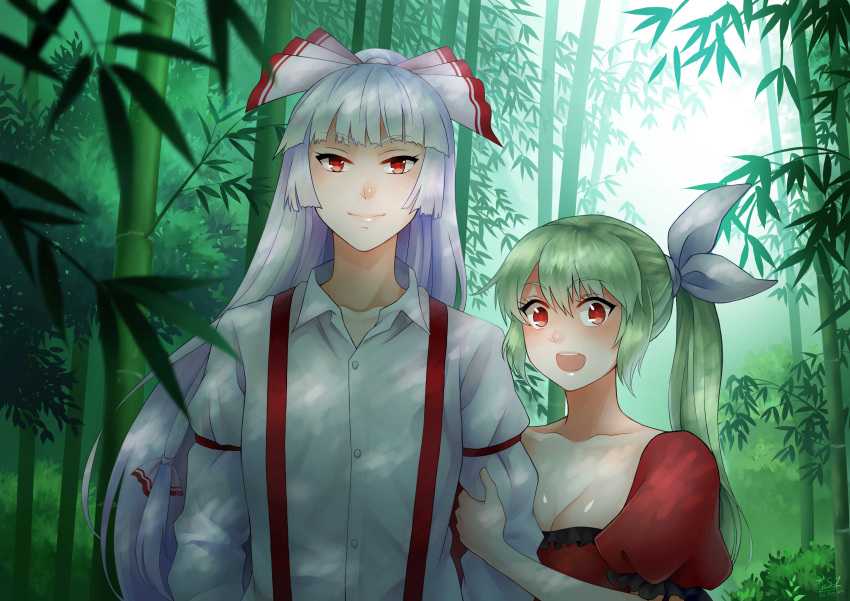 :d absurdres bamboo bamboo_forest bangs blurry blush bow breasts buttons cleavage closed_mouth collared_shirt commentary couple day depth_of_field dress english_commentary forest fujiwara_no_mokou hair_between_eyes hair_bow highres holding_another's_arm long_hair long_sleeves looking_at_viewer medium_breasts nature open_mouth original outdoors puffy_short_sleeves puffy_sleeves red_dress red_eyes reef shirt short_sleeves side_ponytail sidelocks smile standing sunlight suspenders touhou very_long_hair white_bow white_hair white_shirt yuri