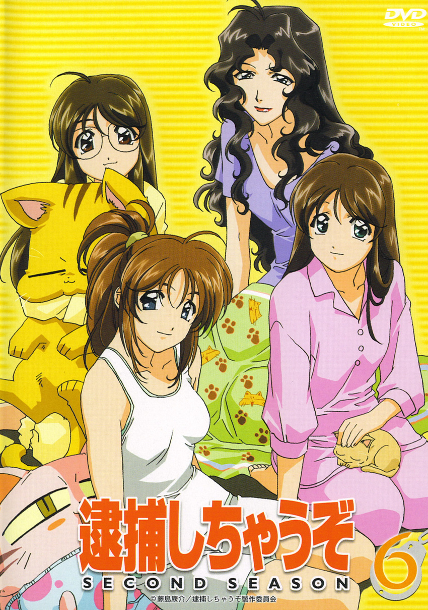 3girls 90s aoi_futaba cat copyright_name cover dvd_cover highres long_hair multiple_girls nakajima_sena nikaido_yoriko non-web_source odd_one_out pajamas saga_saori sleepwear stuffed_animal stuffed_toy yellow_background you're_under_arrest