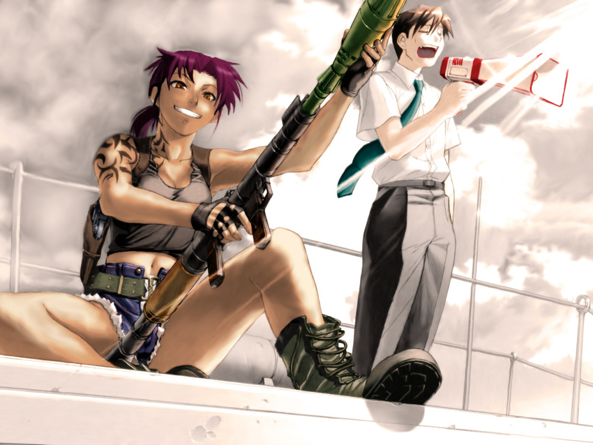 1boy 1girl armpit_holster black_lagoon boots highres holster megaphone necktie okajima_rokuro revy revy_(black_lagoon) rock shorts