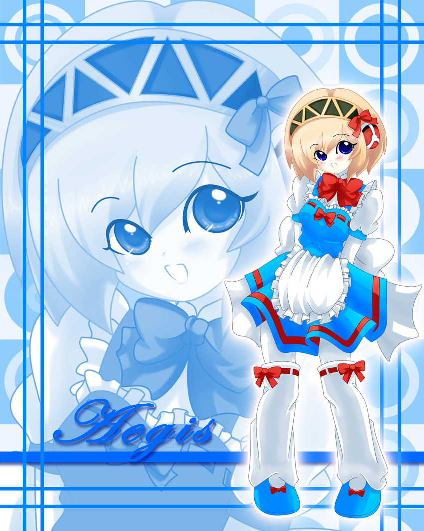 aegis_(persona) android apron bad_id bad_pixiv_id blonde_hair blue_eyes blush chibi highres ines_pramesti maid persona persona_3 ribbon shoes short_hair solo zoom_layer