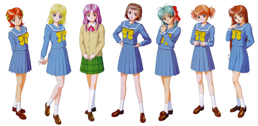 90s akiho_minori annotated antenna_hair aqua_hair arms_behind_back blonde_hair blue_eyes blue_skirt brown_hair hair_ornament hairclip hands_clasped hands_on_hips highres izumi_kyouko juuichiya_megumi kokura_masashi lineup long_hair marikawa_natsue misaki_suzune multiple_girls munakata_naomi official_art orange_hair own_hands_together patricia_mcgrath plaid plaid_skirt purple_eyes purple_hair red_eyes red_hair scan school_uniform serafuku short_hair short_twintails skirt socks tokimeki_memorial tokimeki_memorial_pocket twintails