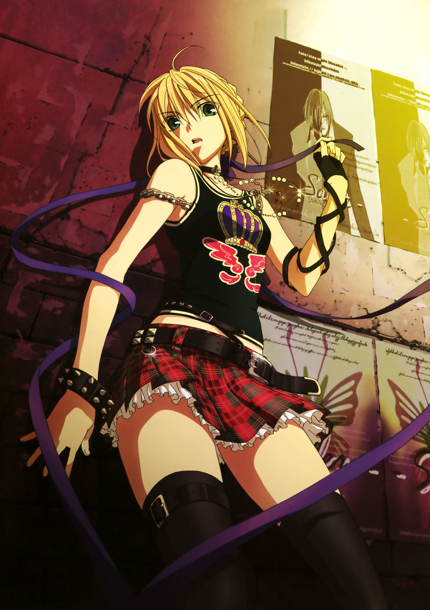 absurdres against_wall ahoge alternate_costume artoria_pendragon_(all) belt black_legwear blonde_hair bracelet breasts casual chain choker contemporary fate/stay_night fate_(series) fingerless_gloves frills gloves green_eyes highres jewelry kikuchi_youko looking_at_viewer necklace open_mouth plaid plaid_skirt punk ribbon saber scan single_glove skirt small_breasts solo strap tank_top thighhighs zettai_ryouiki
