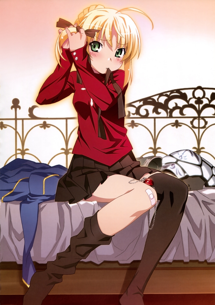 absurdres adjusting_hair ahoge alternate_hairstyle armor artoria_pendragon_(all) bandaid bandaid_on_knee bed black_legwear blonde_hair blush breasts closed_mouth cosplay dressing fate/stay_night fate_(series) green_eyes hair_ribbon hairdressing highres huge_filesize loose_thighhigh medium_breasts mouth_hold no_shoes on_bed pleated_skirt ribbon saber side_ponytail sitting skirt solo thighhighs toosaka_rin toosaka_rin_(cosplay) watanabe_akio zettai_ryouiki