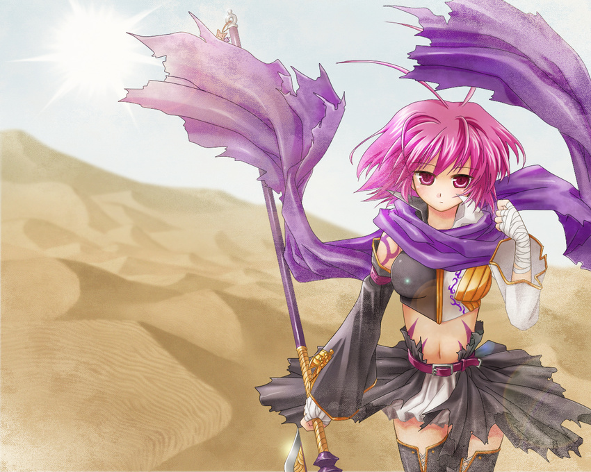 ahoge antenna_hair bandages desert detached_sleeves kagetsu_too koihime_musou midriff pink_hair polearm red_eyes ryofu scarf short_hair solo spear tattoo thighhighs torn_clothes weapon