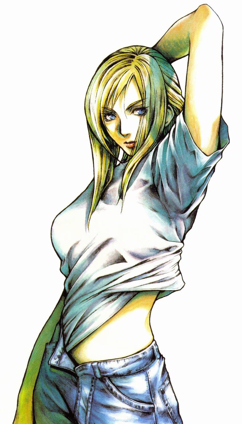 arm_at_side arm_up aya_brea belly_peek blonde_hair blue_eyes blue_pants breasts closed_mouth cowboy_shot denim hand_behind_head highres jeans large_breasts lips looking_at_viewer nomura_tetsuya official_art pants parasite_eve scan shirt short_sleeves simple_background solo t-shirt unbuttoned white_background white_shirt