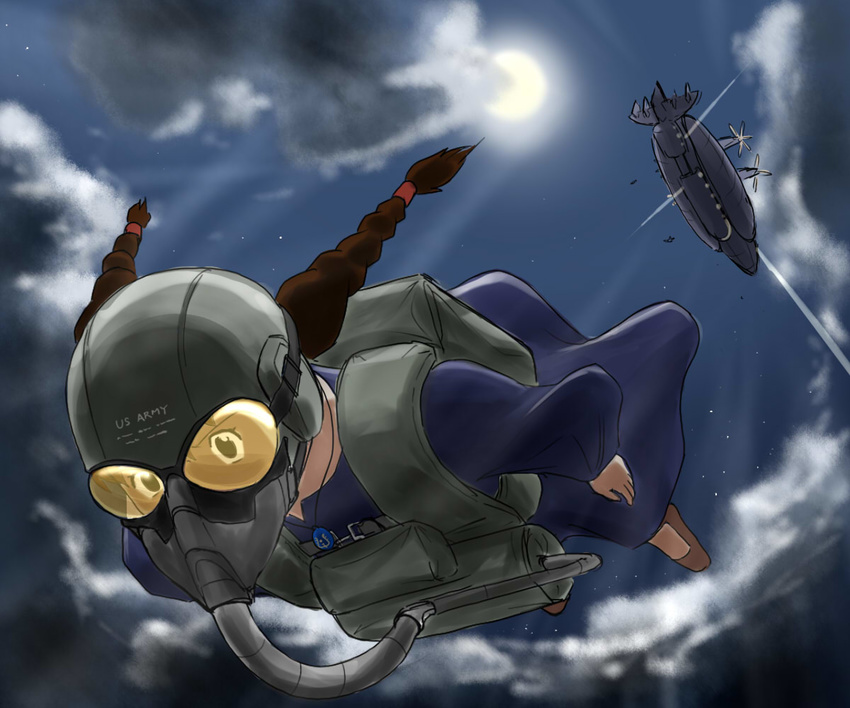 aircraft blue_dress braid brown_hair cloud cloudy_sky dirigible dress falling helmet hikouseki jewelry metal_gear_(series) moon non-web_source oxygen_mask parachute parody pendant sheeta sky skydive solo star_(sky) starry_sky tenkuu_no_shiro_laputa twin_braids