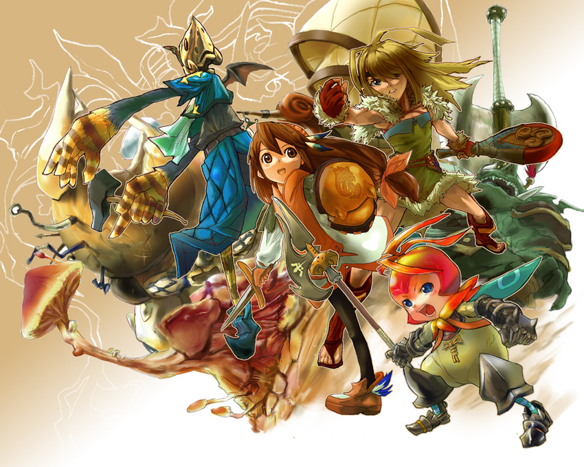 armor axe bat_wings blonde_hair blue_eyes brown_eyes brown_hair clavat feathers final_fantasy final_fantasy_crystal_chronicles gauntlets hammer hat helmet lilty long_hair matsumoto_eight monster multiple_girls pantyhose polearm poncho racket sandals selkie shield smile spear sword weapon wings yuke