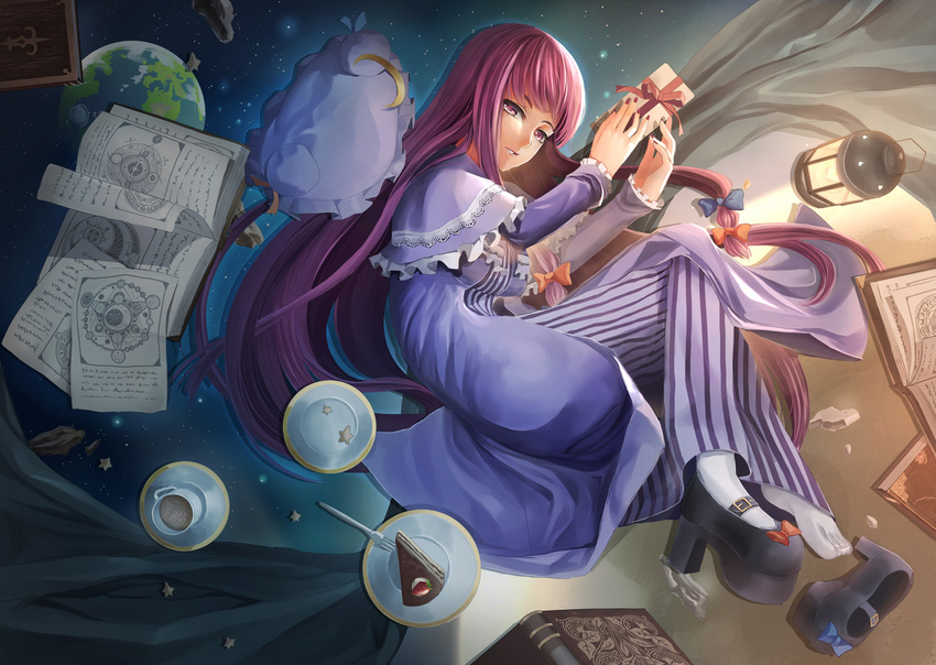 book bow cake dress drink earth food hat long_hair paper patchouli_knowledge purple_eyes purple_hair rayxray stars touhou