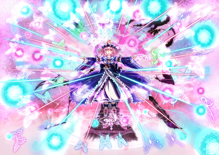 arm_garter boots bug butterfly danmaku goshoguruma greek hat highres insect japanese_clothes kimono kuon_no_rakuen laser long_sleeves looking_at_viewer magic_circle mob_cap multicolored multicolored_background obi open_mouth outstretched_arms pink_eyes pink_hair saigyouji_yuyuko saigyouji_yuyuko's_fan_design sash shippou_(pattern) short_hair solo spread_arms touhou triangular_headpiece