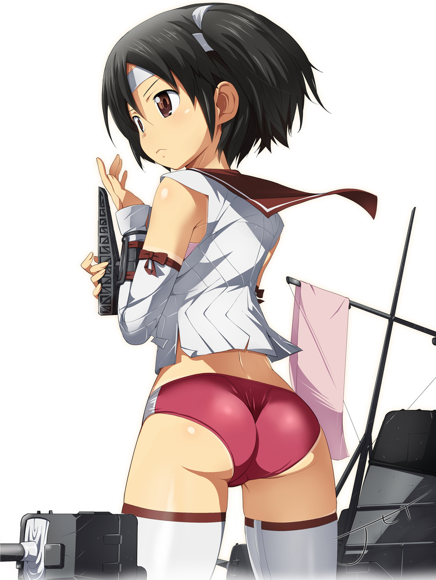 ass black_hair brown_eyes buruma headband highres jet_yowatari kantai_collection looking_back nagara_(kantai_collection) shiny shiny_skin short_hair side_ponytail simple_background solo thighhighs white_background white_legwear