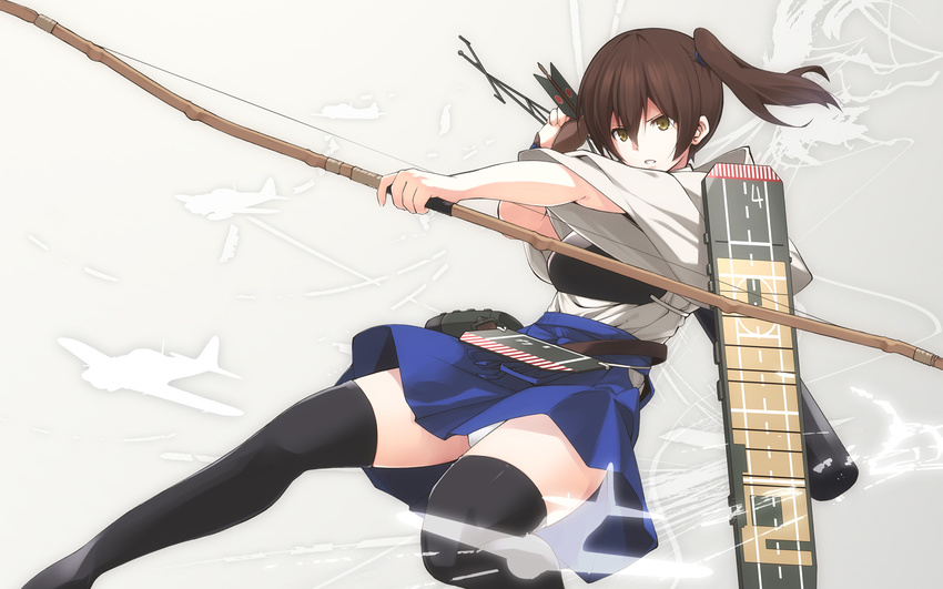 bow_(weapon) brown_eyes brown_hair japanese_clothes kaga_(kancolle) kantai_collection nanaku_teiru panties ponytail skirt thighhighs underwear weapon