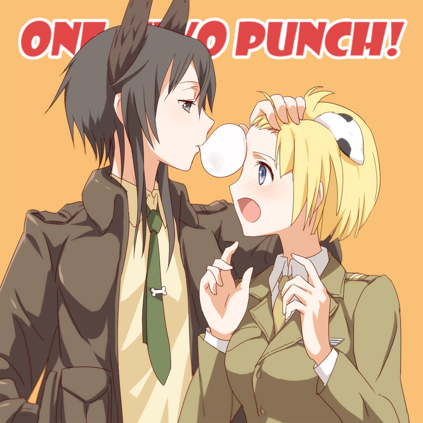 animal_ears bad_id bad_pixiv_id black_hair blonde_hair blue_eyes blush bubble_blowing chewing_gum dominica_s_gentile hand_on_another's_head highres jane_t_godfrey kisetsu military military_uniform multiple_girls necktie open_mouth short_hair uniform world_witches_series yuri