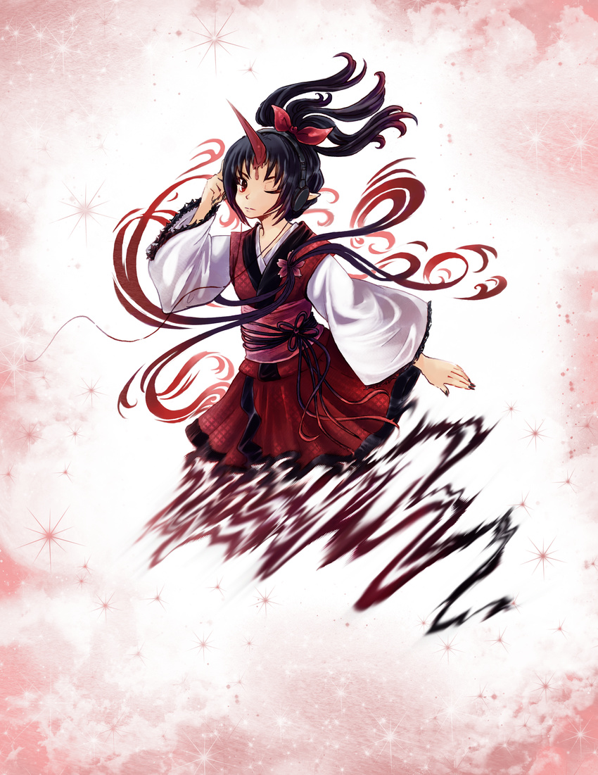 ;) aura black_hair blood blood_on_face bow breasts cloud commentary fading fingernails fire flame gradient_hair hair_bow hand_on_own_head headphones highres horn japanese_clothes kimono konngara looking_at_viewer multicolored_hair muutzi no_legs obi one_eye_closed pointy_ears ponytail red_ribbon ribbon sash small_breasts smile smoke solo star_(sky) tassel touhou touhou_(pc-98) tsurime